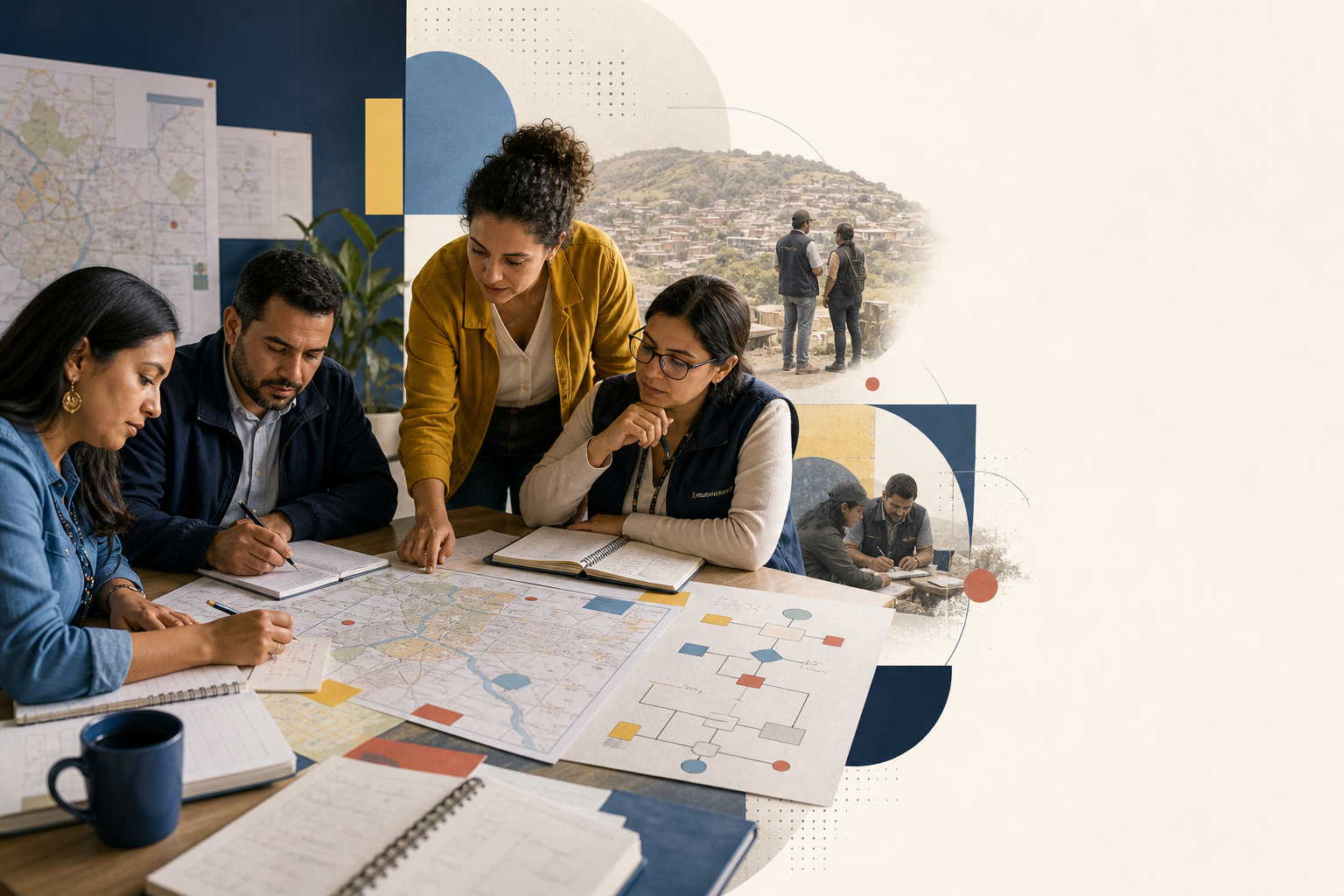 Servidores públicos trabajando en un taller práctico con mapas y hojas de trabajo