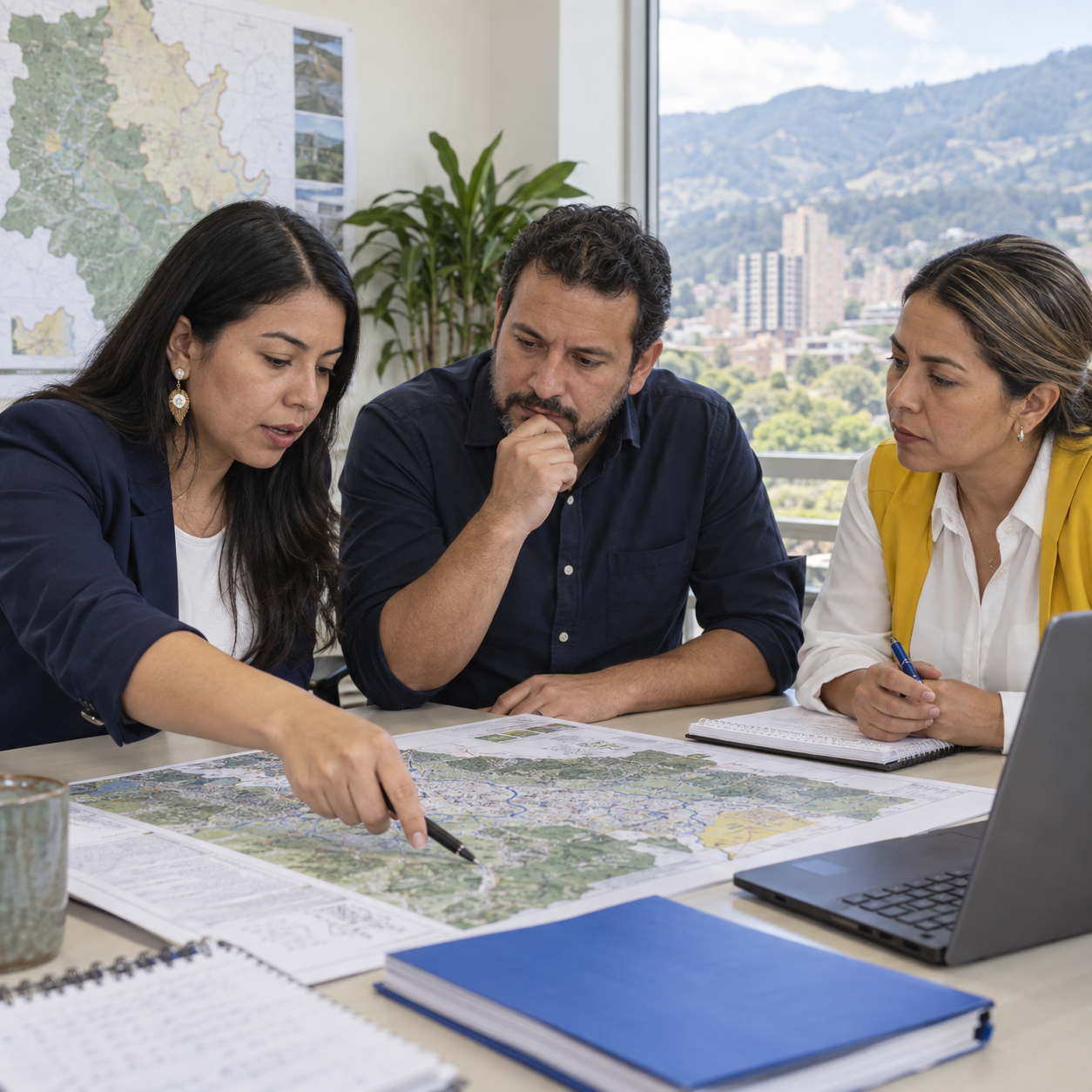 Equipo directivo municipal revisando una decisión pública con datos