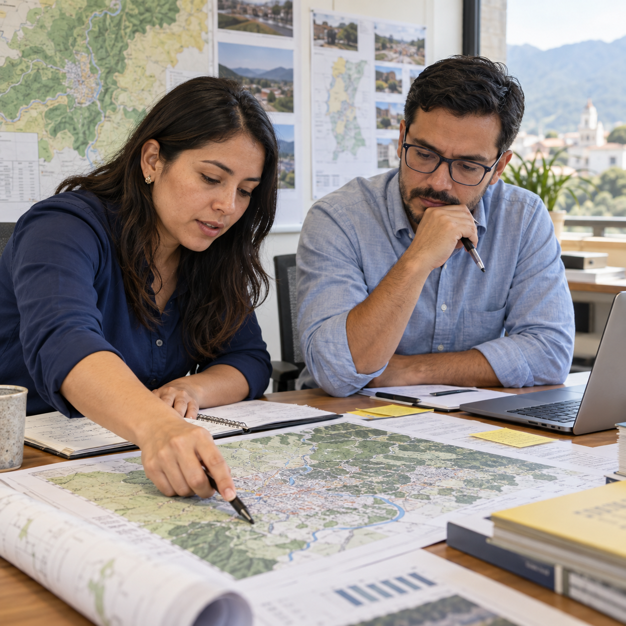 Equipo de planeación municipal trabajando sobre un mapa territorial