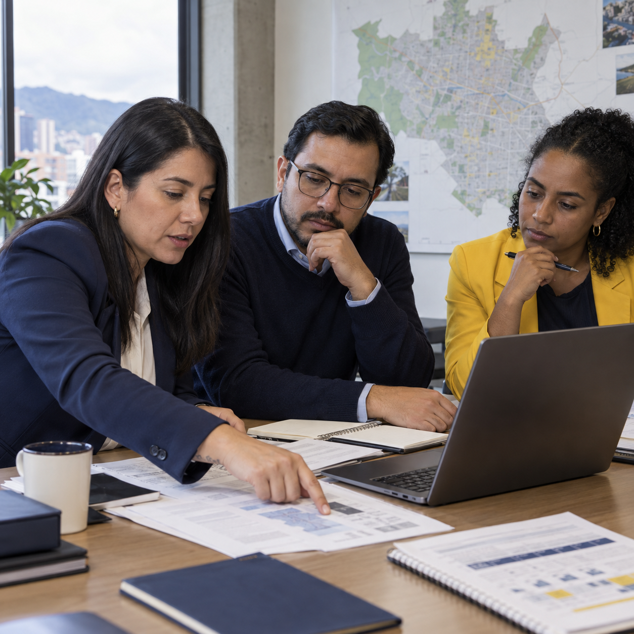Equipo de supervisión revisando mapas y controles de un piloto público